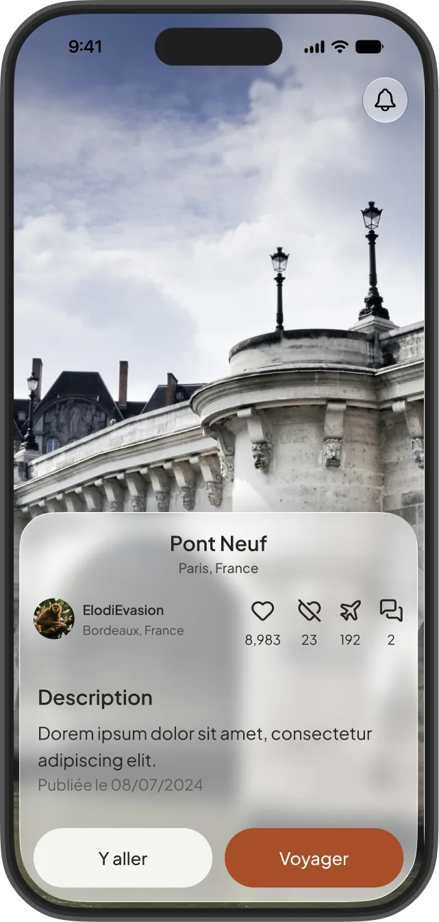 Bouton Voyager et offres disponibles pour un lieu sur l'app Hexatrip